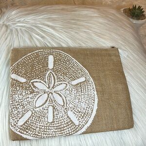 Mudpie Jute Sand Dollar Beach Shoreline Coastal Clutch Zip Travel Pouch - EUC